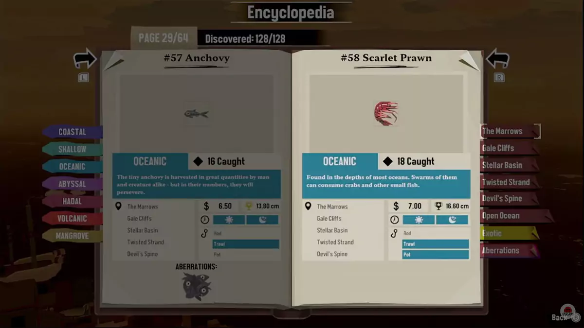 Encyclopedia entry for the Scarlet Prawn in DREDGE.