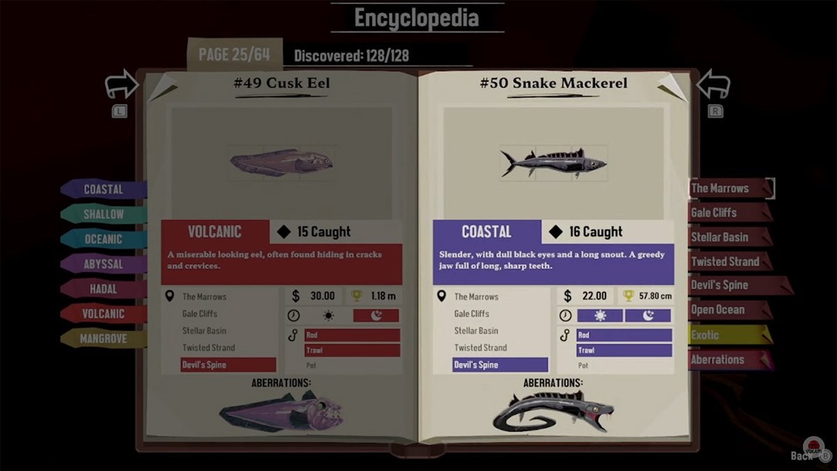 Encyclopedia entry for Snake Mackerel in DREDGE.