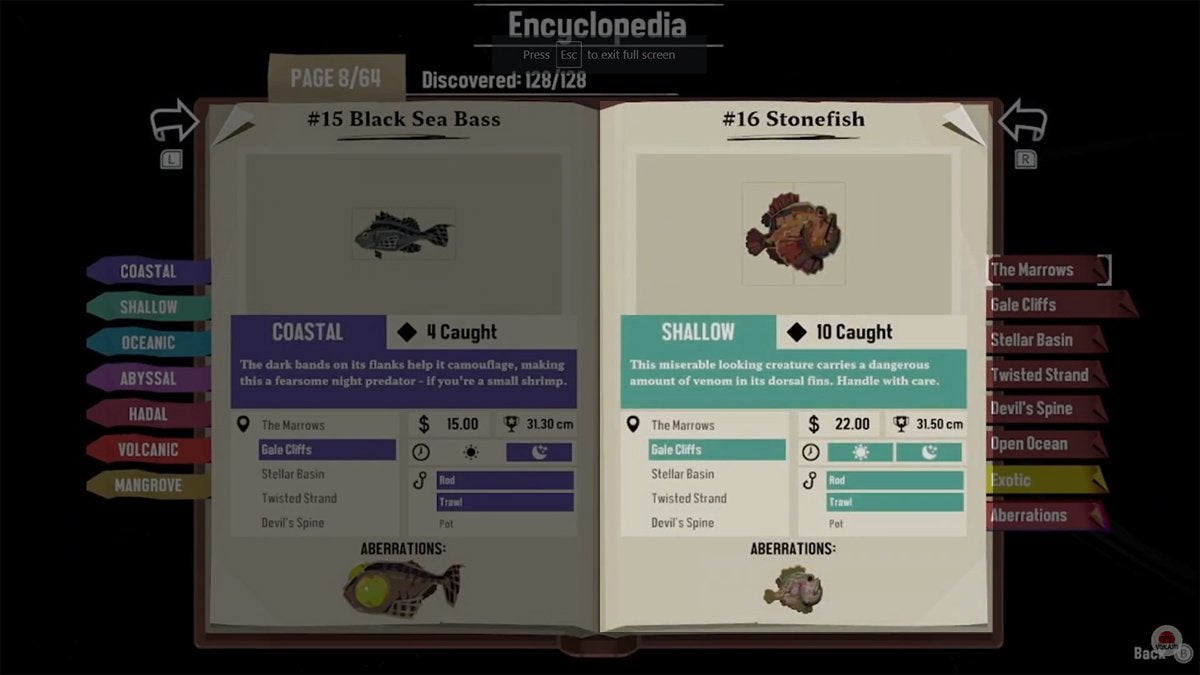 Encyclopedia entry for Stonefish in DREDGE.