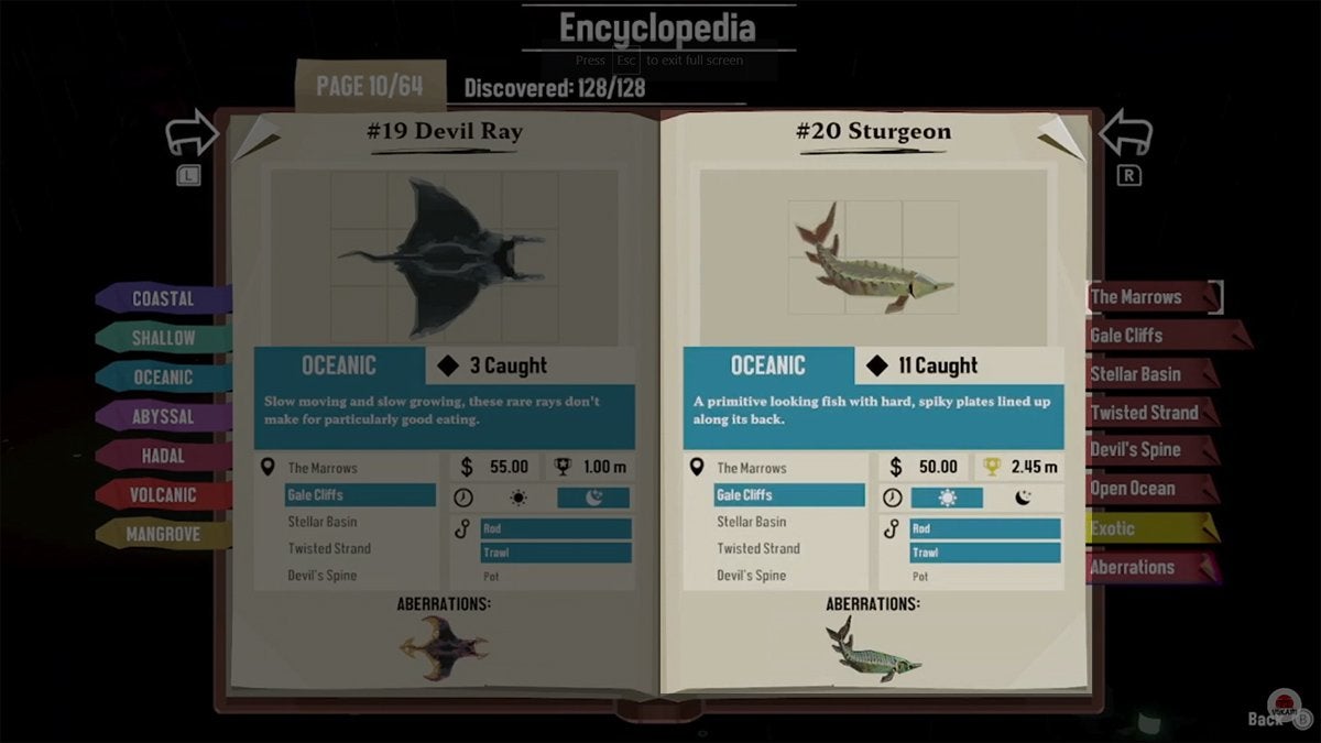 Encyclopedia entry for Sturgeon in DREDGE.