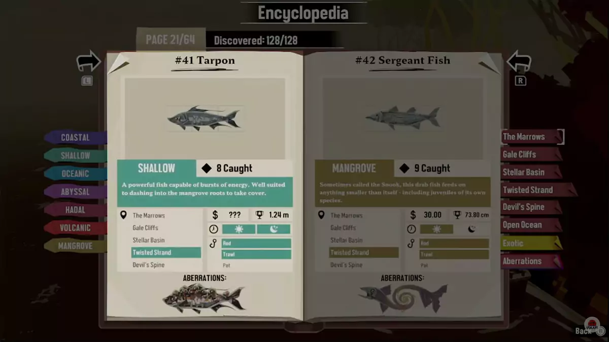 Encyclopedia entry for Tarpon in DREDGE.