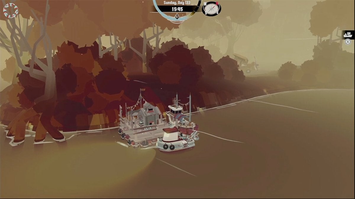 The player's ship docked at Rickety Pontoon in DREDGE.