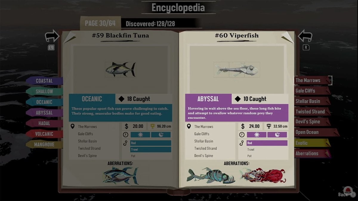 Encyclopedia entry for the Viperfish in DREDGE.