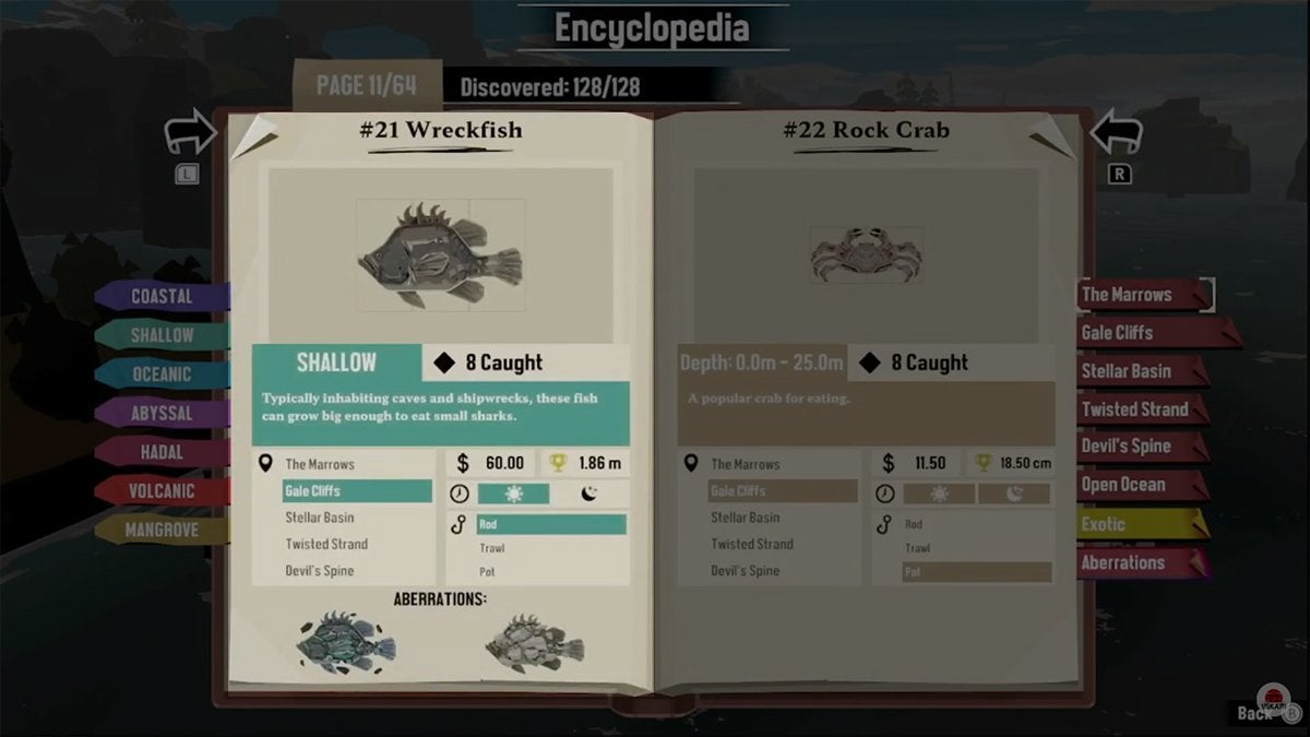 Encyclopedia entry for the Wreckfish in DREDGE.