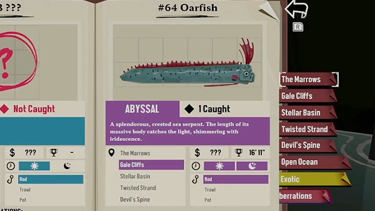 Close up of the Oarfish's encyclopedia entry in DREDGE.