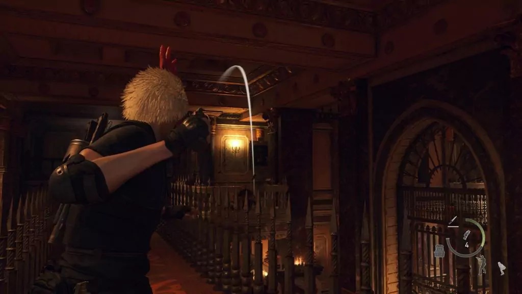 Throwing a grenade at the lever in the Gallery in Resident Evil 4.