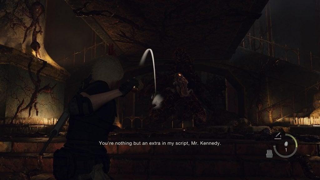 Throwing a Golden Egg at Ramon Salazar in Resident Evil 4.