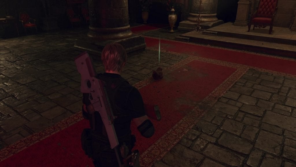 A chicken in Resident Evil 4 laying an egg.