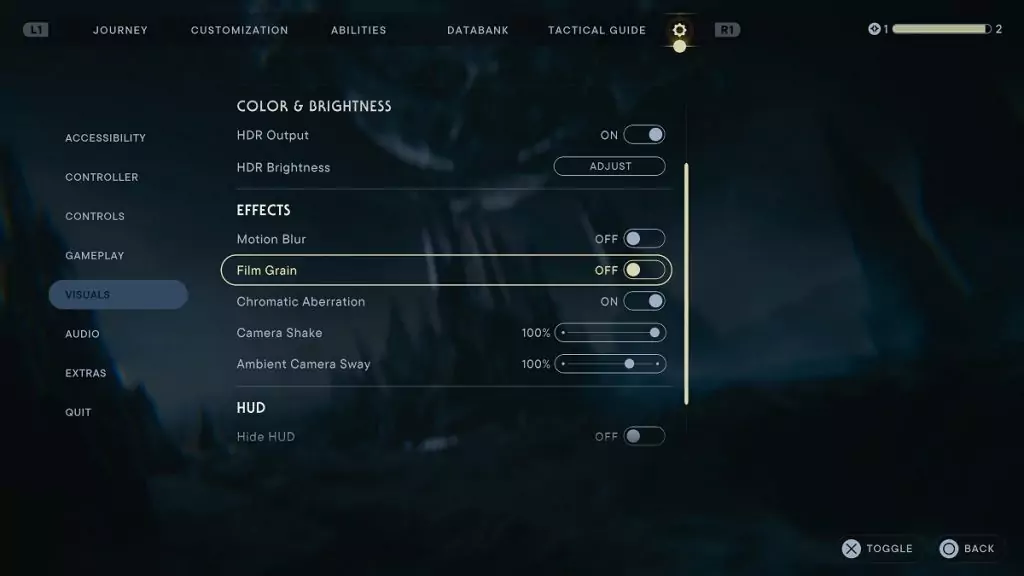 The Film Grain setting in Star Wars Jedi: Survivors.