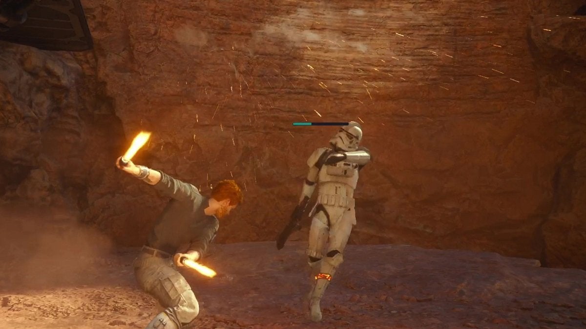 Cal Kestis fighting a stormtrooper in Star Wars Jedi: Survivors.