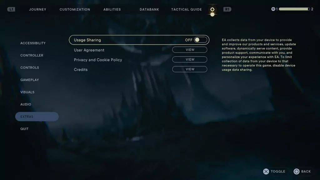 The Usage Sharing option from Star Wars Jedi: Survivors.