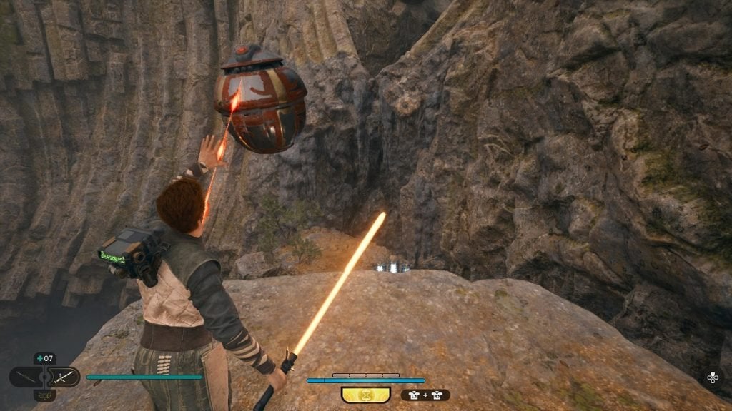 Destroying a rock wall using a Roller Mine in Star Wars Jedi: Survivor.