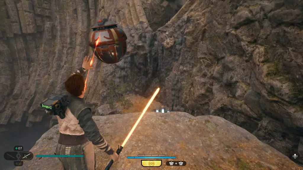 Destroying a rock wall using a Roller Mine in Star Wars Jedi: Survivor.