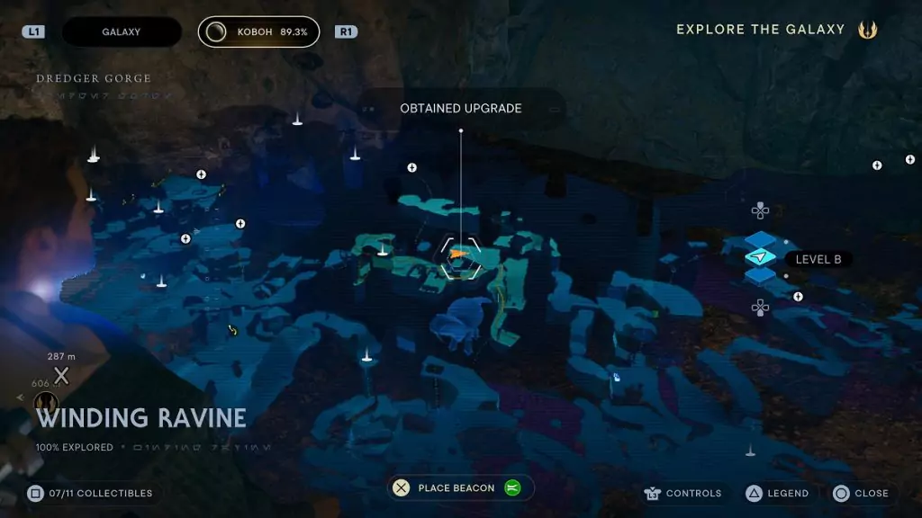 The location of an Essence Crystal in the Winding Ravine.