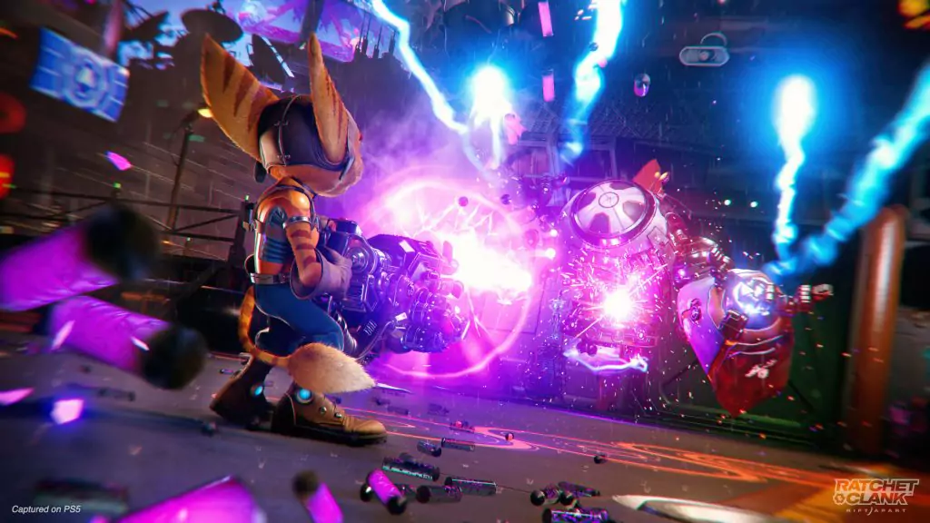 Ratchet shooting a lazer gun in Ratchet & Clank: Rift Apart