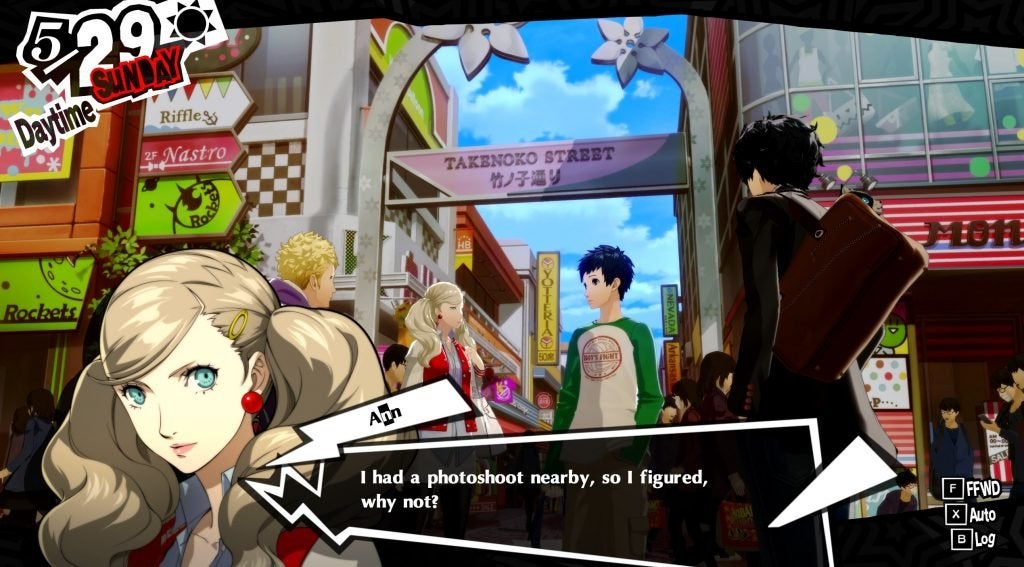 Ann, Mishima, and the protagonist in Harajuku in Persona 5 Royal.