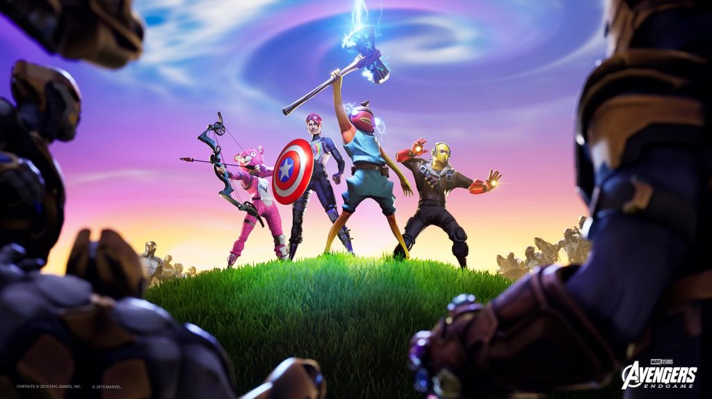 A shot of four Fortnite characters wearing costumes from the popular Marvel film Avengers: Endgame