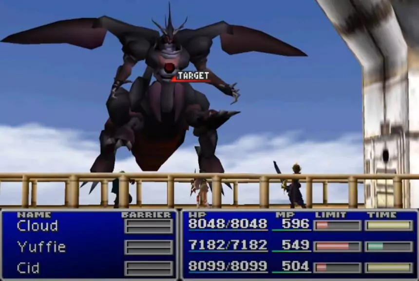 Cloud fighting Ultimate Weapon in Final Fantasy VII.