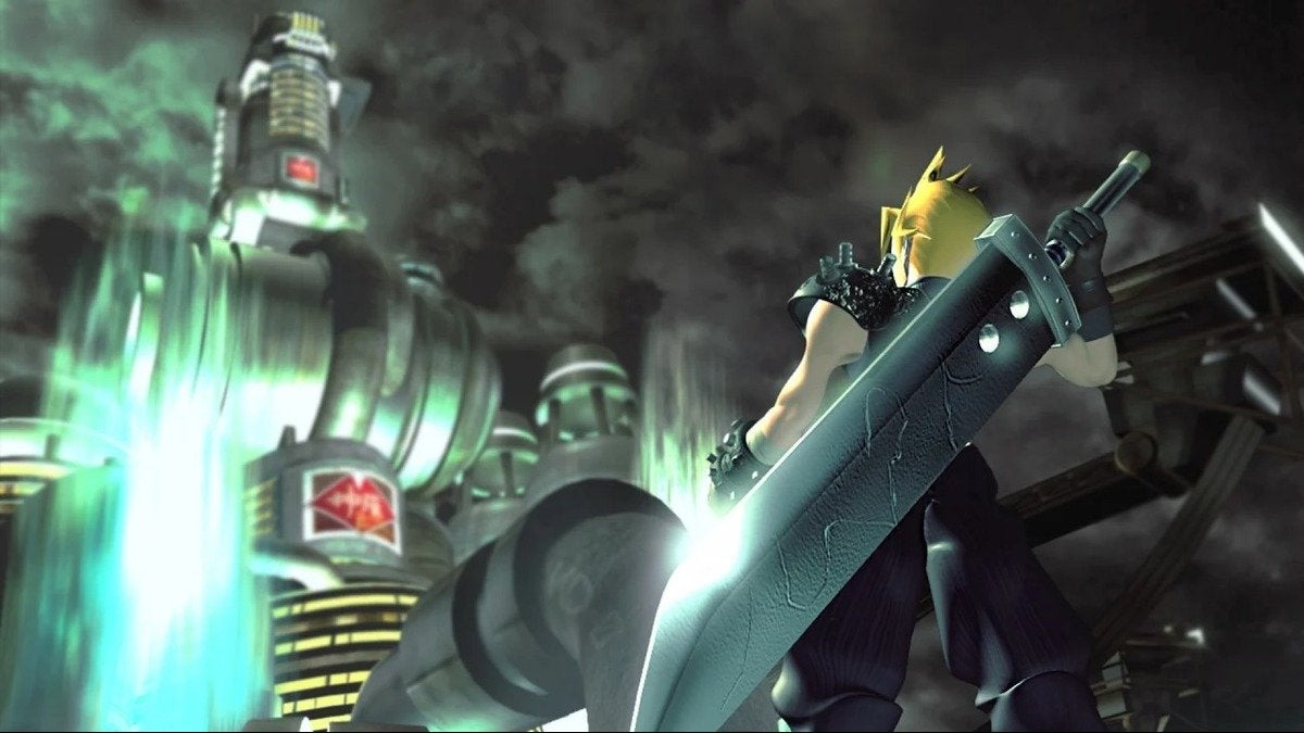 Cloud holding his Buster Sword while gazing upward at the heights of Midgar in Final Fantasy VII.