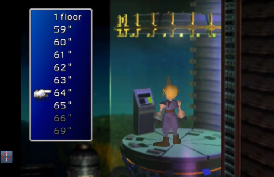 Cloud inside the Shinra Building to find Cait Sith's ultimate weapon in Final Fantasy VII.