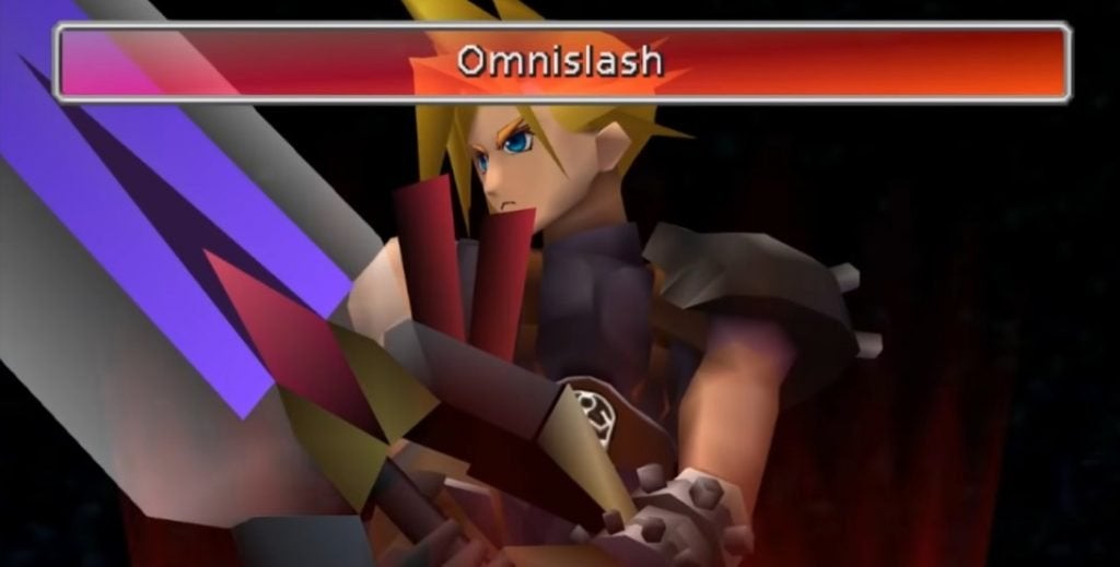 Cloud preparing to activate his final Limit Break, Omnislash, in Final Fantasy VII.