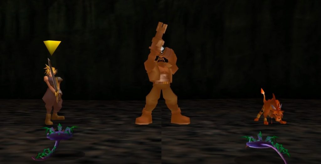 Barret powering up during his final limit break in Final Fantasy VII.