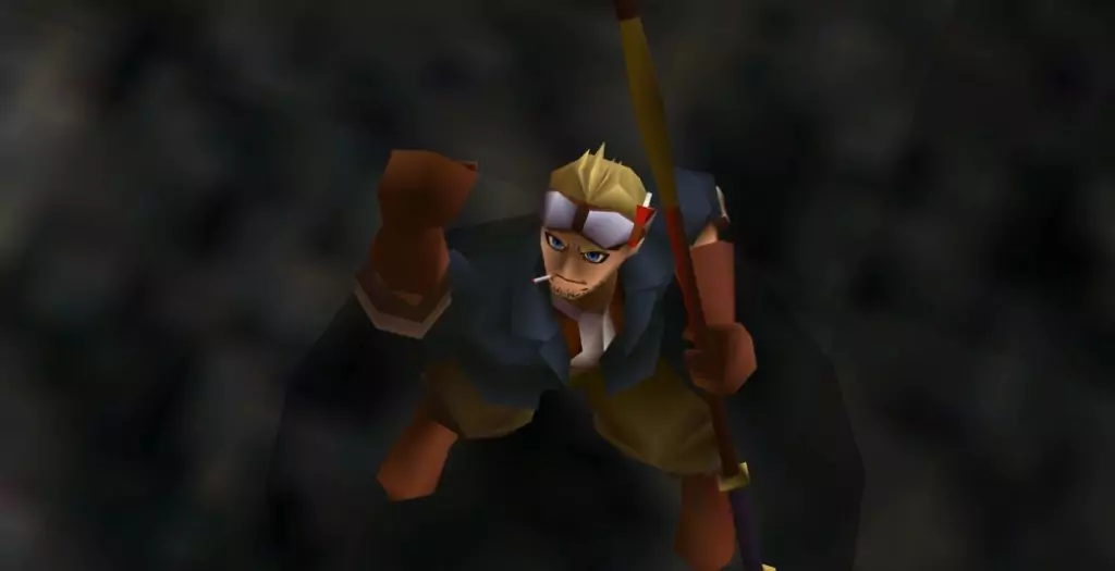 Cid preparing to perform his final limit break, Highwind, in Final Fantasy VII.