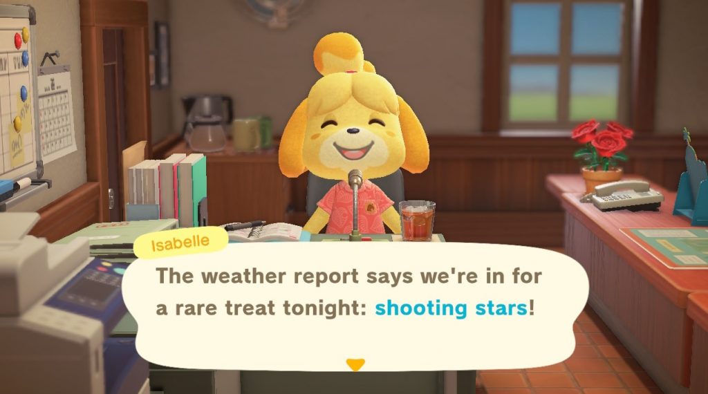 Isabelle announcing a meteor shower in Animal Crossing: New Horizons.