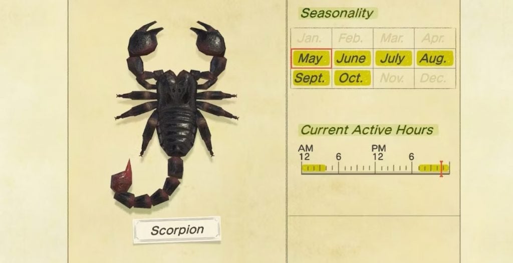 An information page about the scorpion in Animal Crossing: New Horizons.