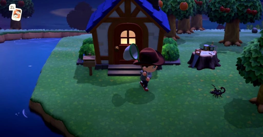 A player character preparing to catch a scorpion in Animal Crossing: New Horizons.