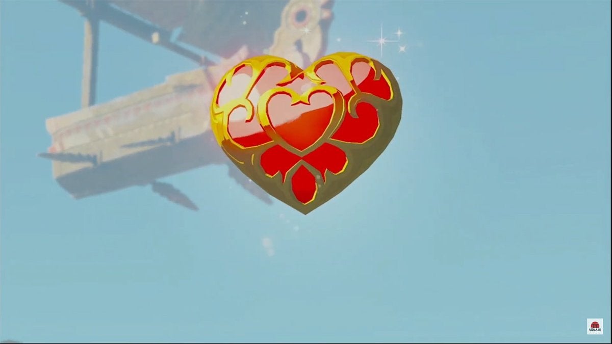 A Heart Container descending from the sky.