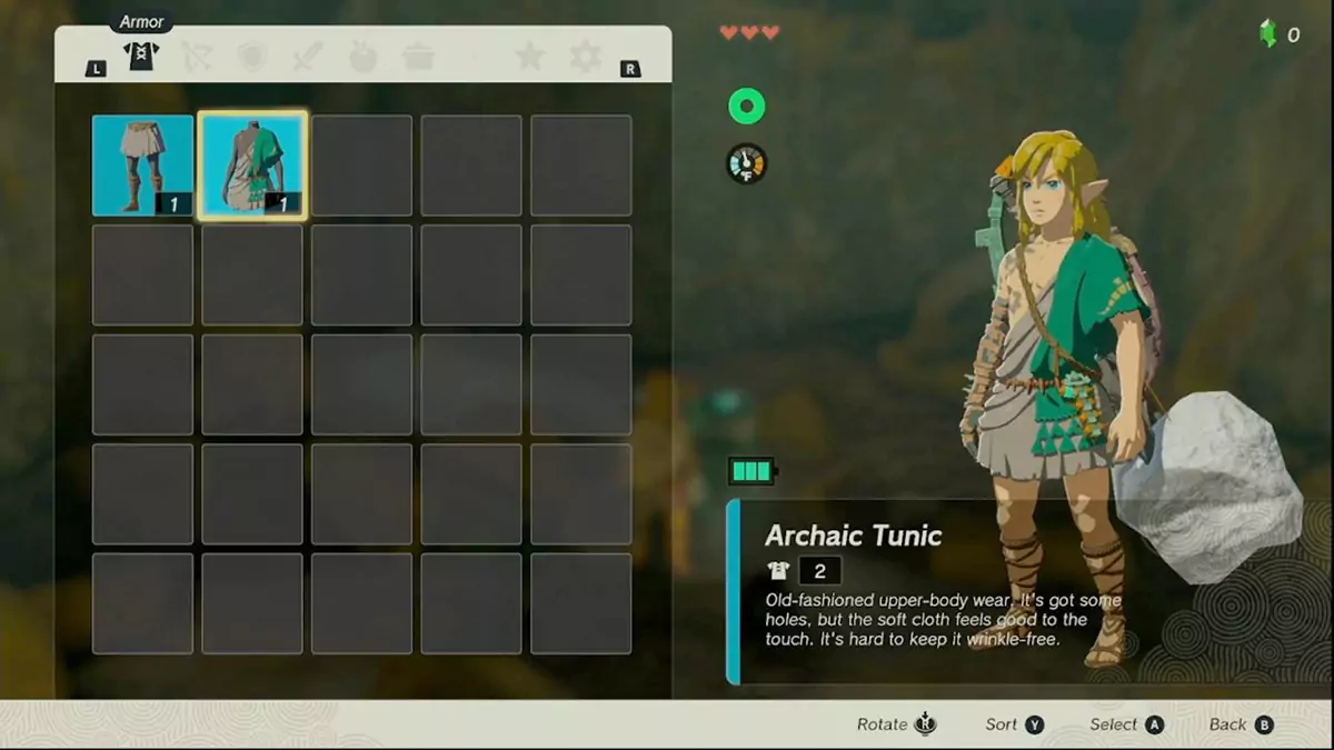 Link wearing the Archaic Tunic, which is an off-the-shoulder shirt that's mostly green.