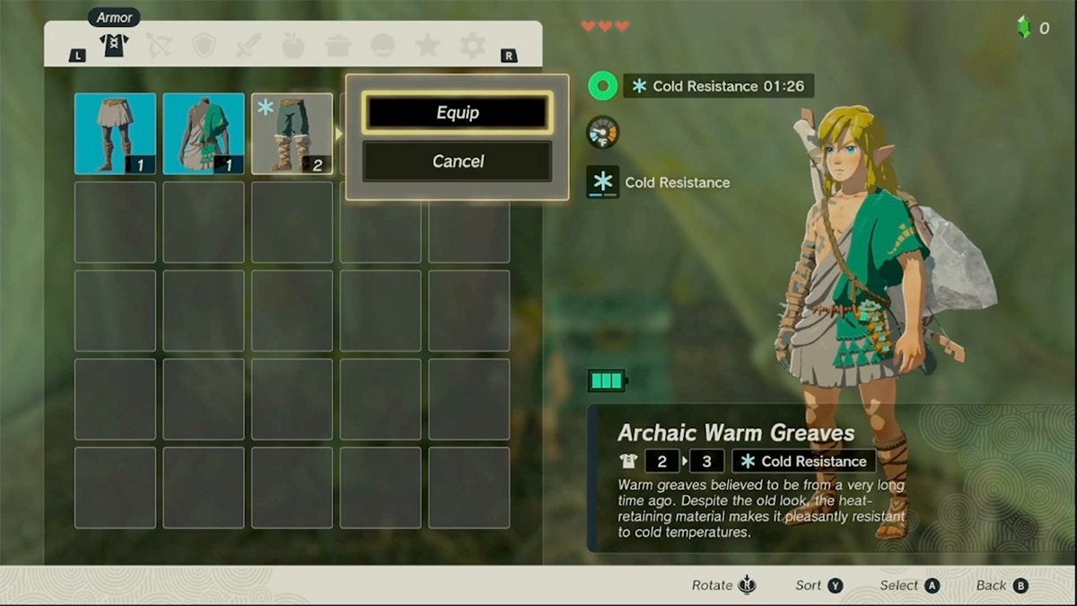 Link wearing the Archaic Warm Greaves in The Legend of Zelda: Tears of the Kingdom.