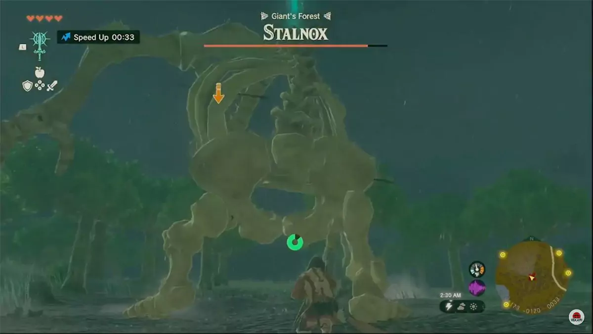 Link hitting Stalnox in the back.