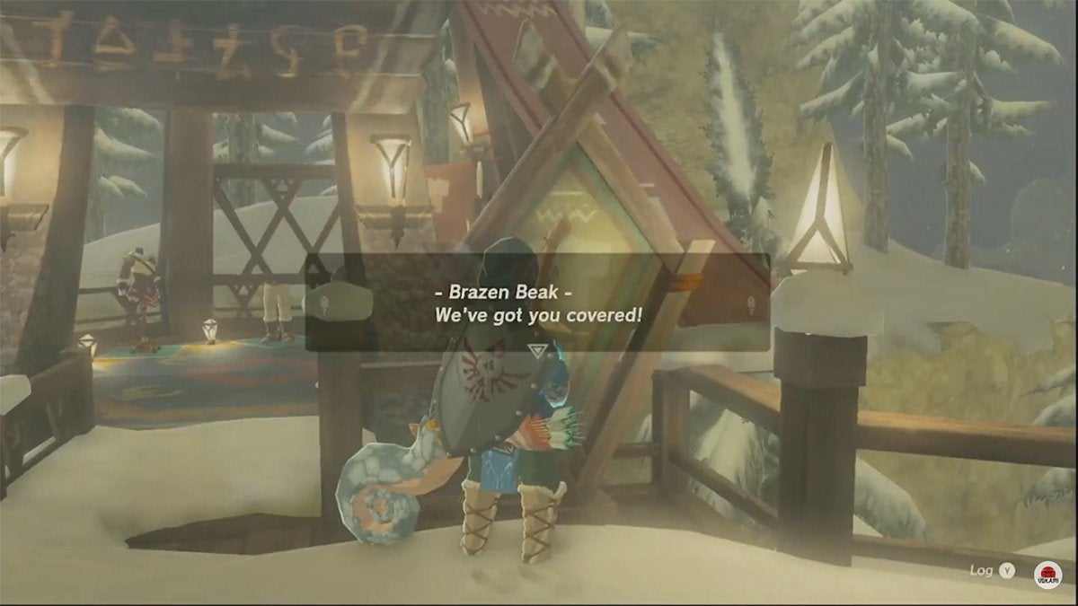 Link reading a sign in front of the Brazen Beak in Rito Village.