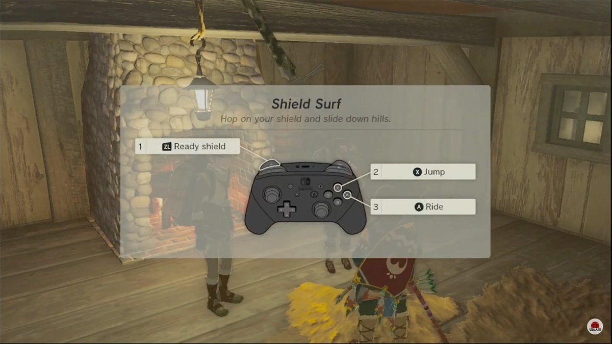 A Nintendo Switch controller with text telling players how to shield surf.