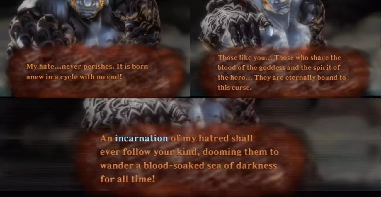 Three paragraphs from a Skyward Sword cutscene that shows Demise's final words.
