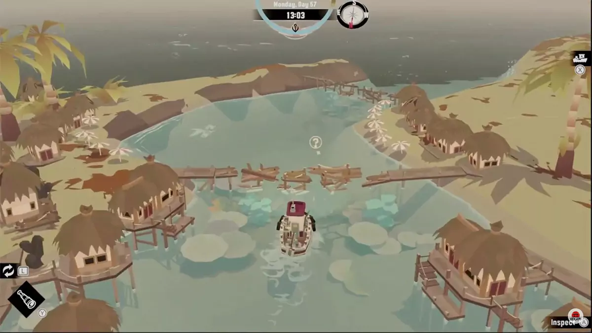 The player looking at rickety wooden walkway in Stellar Basin in DREDGE.