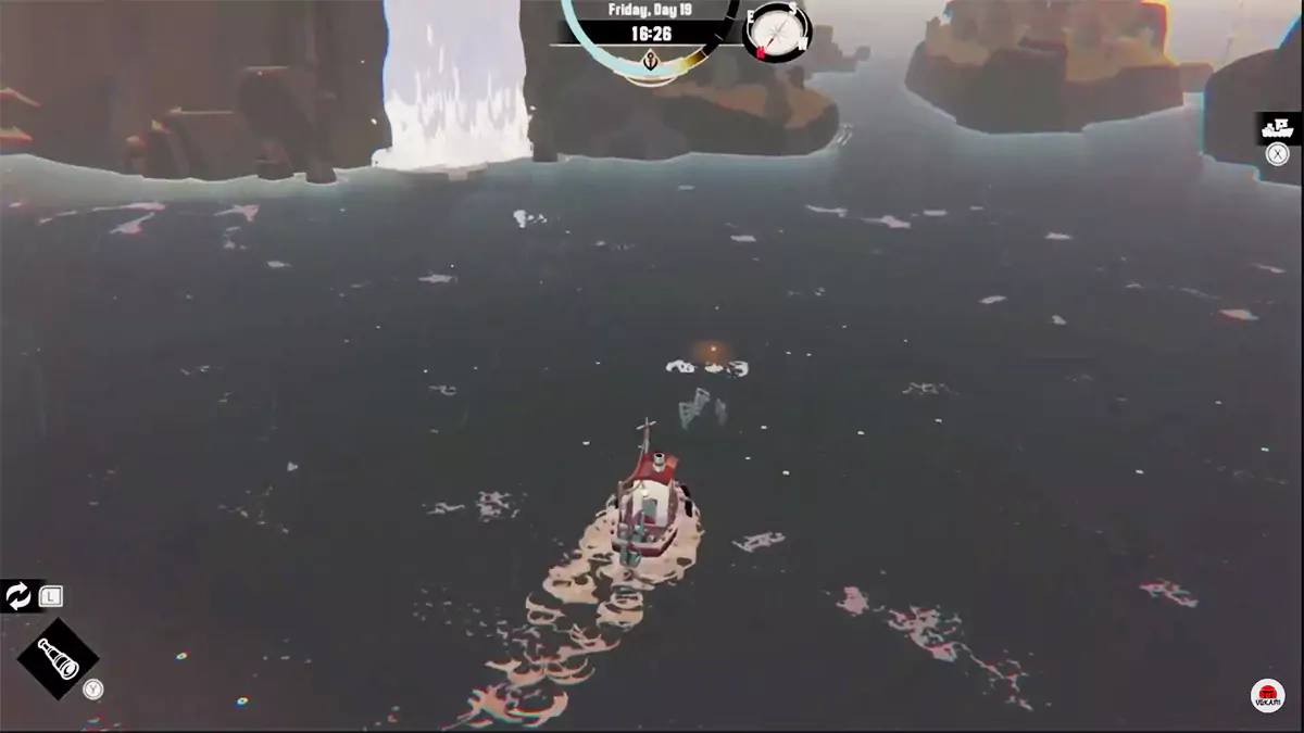 A player approaching a dredging spot that's glowing yellow in DREDGE.