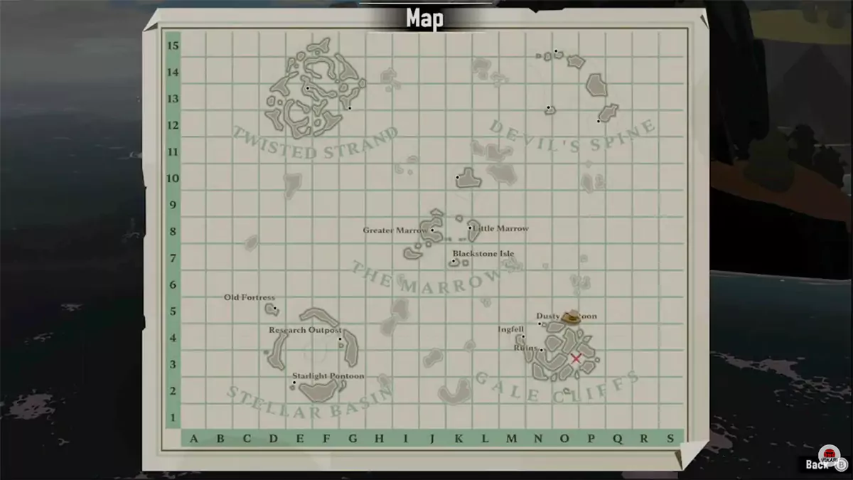A red "X" marking the spot where the Family Crest can be found in DREDGE.