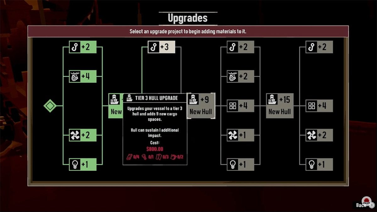 The ship upgrades menu in DREDGE.