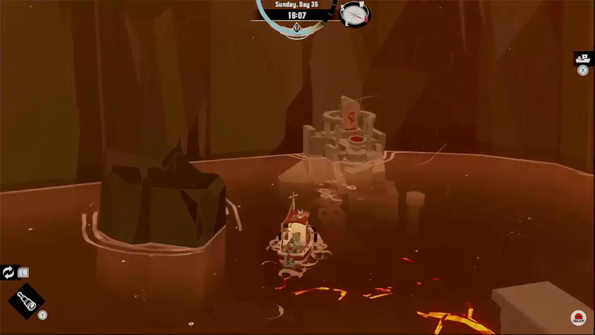 The player approaching the Shine of the Deep on Devil's Spine's largest island in DREDGE.