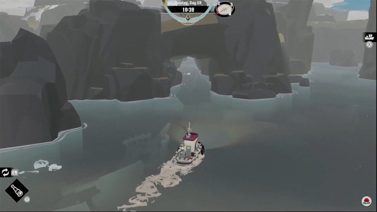 A player sailing into a tunnel in Gale Cliffs in DREDGE.