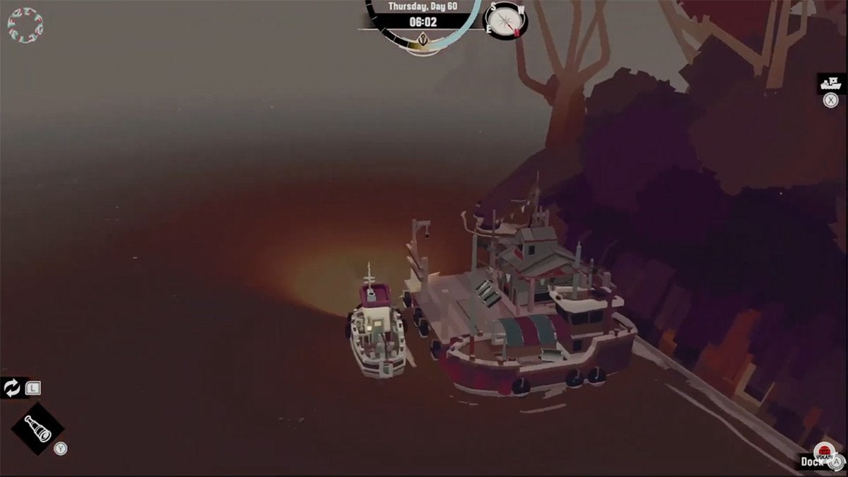 The player's ship near Rickety Pontoon in Twisted Strand in DREDGE.
