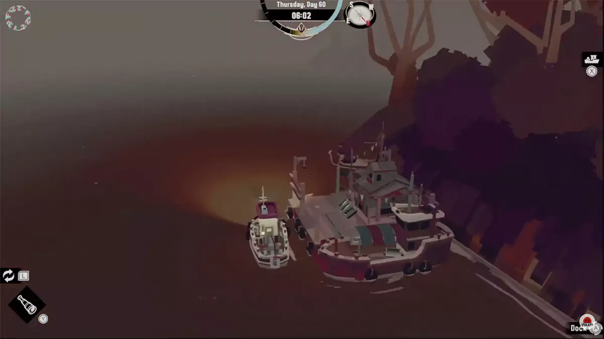 The player's ship near Rickety Pontoon in Twisted Strand in DREDGE.