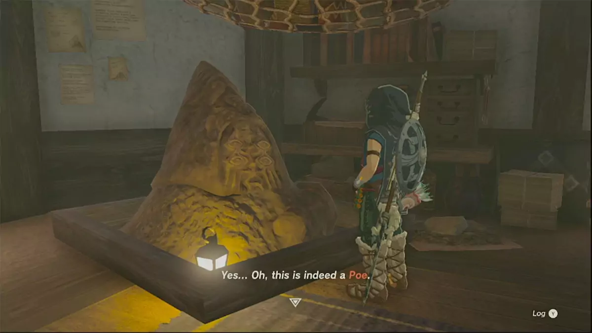 Link talking to the Bargainer Statue in Lookout Landing in The Legend of Zelda: Tears of the Kingdom.