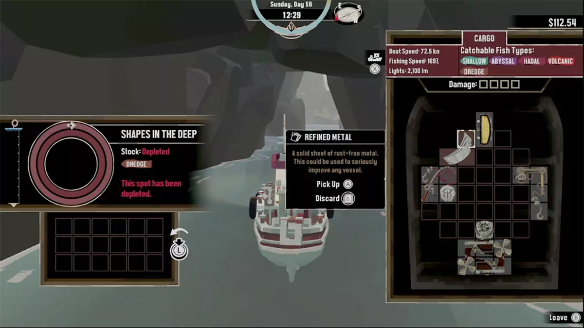 A player dredging up a piece of Refined Metal in DREDGE.