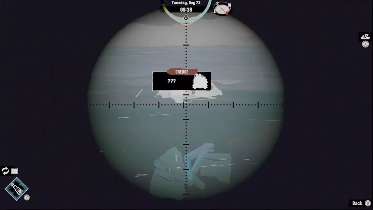 Looking at a Research Parts dredging spot through the telescope in DREDGE.