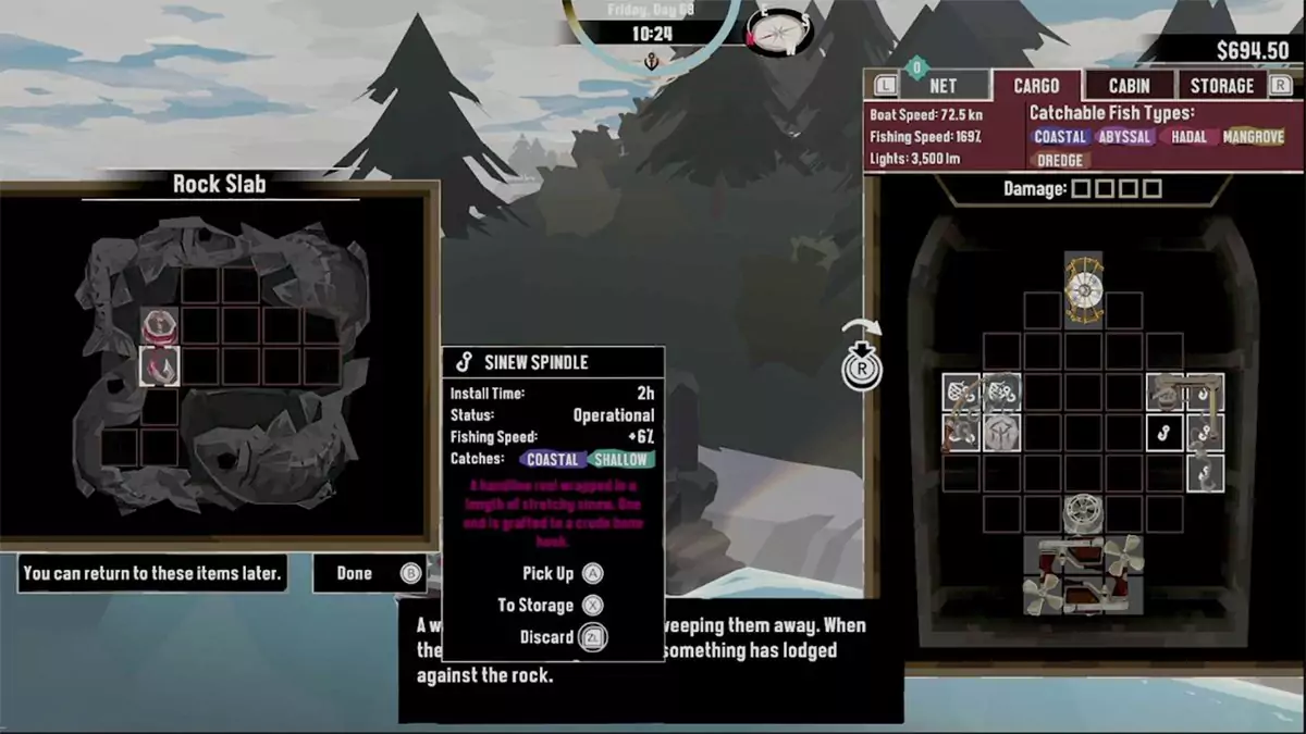 The player getting the Sinew Spindle from the rock altar on the north side of Greater Marrow in DREDGE.