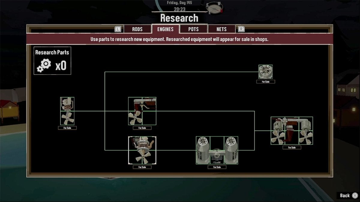 The engine research menu in DREDGE.